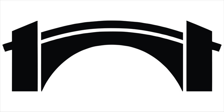 Black silhouette icon of an arched stone bridge with side pillars on a white background architecture