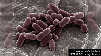 Naklejka na ściany i meble Dangerous pathogen microbe: Yersinia pestis, lethal Plague, bacterial infection, harmful agent, microscopic bacillus, biologic hazard, toxic cell, virulent rod, epidemic cause.