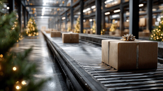 Holiday gift boxes moving along a conveyor belt in a large warehouse, representing efficient e-commerce logistics, fast delivery, and global shipping during the festive season