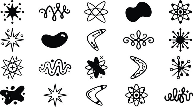 Diverse black vector graphic illustration icons featuring retro abstract shapes stars boomerangs atomic symbols and decorative flourishes