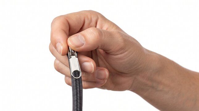 Hand holding small metal zipper pull on fabric