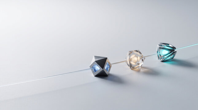 A metallic thread passes through geometric polyhedral shapes on a light gray surface polyhedron faceted crystal shape structure abstract minimal modern design rendering
