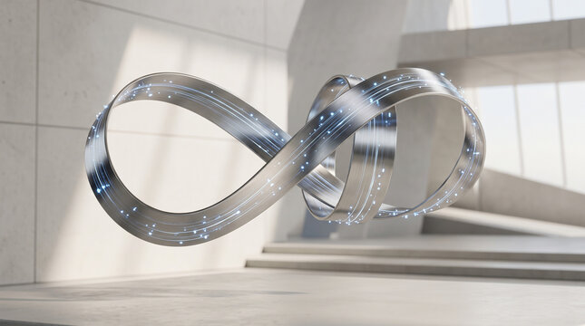 A metallic ribbon shaped like an infinity symbol floats within a modern architectural space loop abstract architecture structure geometric design contemporary polished silver