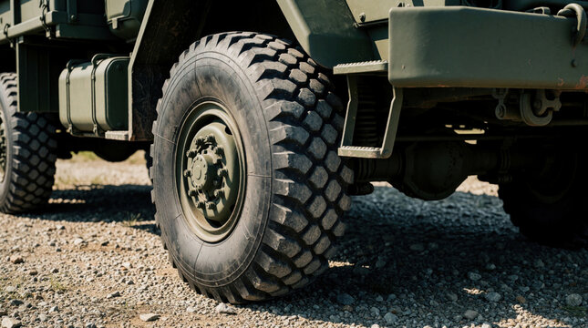 Military army truck flat tire on gravel road. Large rugged vehicle wheel deflated after driving offroad. Heavy transport machine needs repair maintenance due to puncture problem during mission
