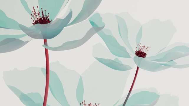 Three translucent mint flowers blooming in close up on light gray background with red stems, minimal x-ray digital nature 3D animation for wellness, spa, beauty and presentations