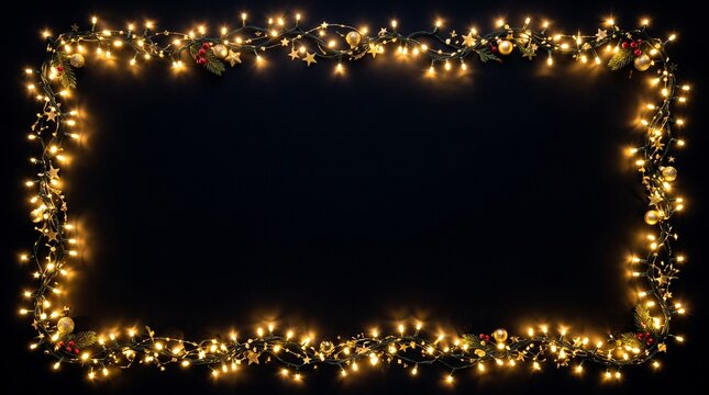 Christmas fairy lights frame border isolated on black background. Glowing warm yellow holiday garland with copy space