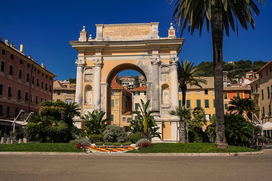 Arch dedicated to Queen Margherita of Austria 1666 in Finale Ligure. Finale Ligure is a beautiful seaside town and popular resort on the Ligurian Riviera in Italy, in the province of Savona.