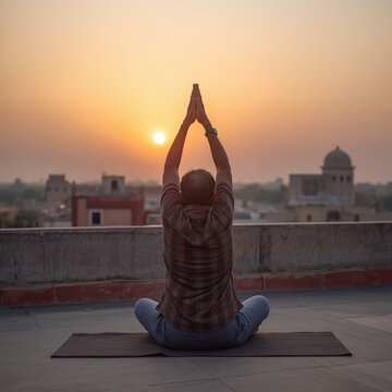 old pakistani man doing yoga on rooftop at sunrise in lahore