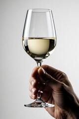 Naklejka premium Close up of mature male hand holding elegant wine glass. Man drinks white wine during luxury dinner party tasting event. Sommelier serves chilled alcohol beverage in stemware for celebration fine