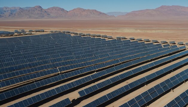 Concentrated solar power parabolic mirrors reflecting bright sunlight in desert