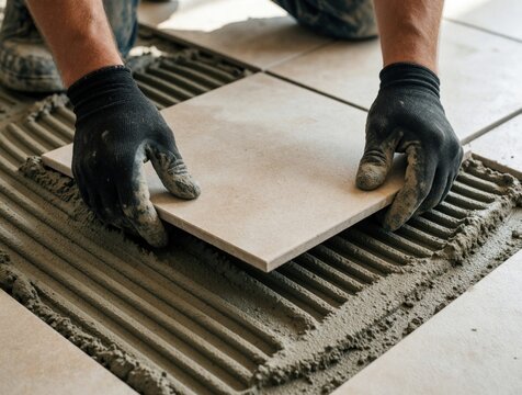 Close up of worker hands in black gloves laying ceramic floor tile onto wet cement adhesive. Pro tiler installs new stone flooring using mortar spread with trowel. Home renovation process during