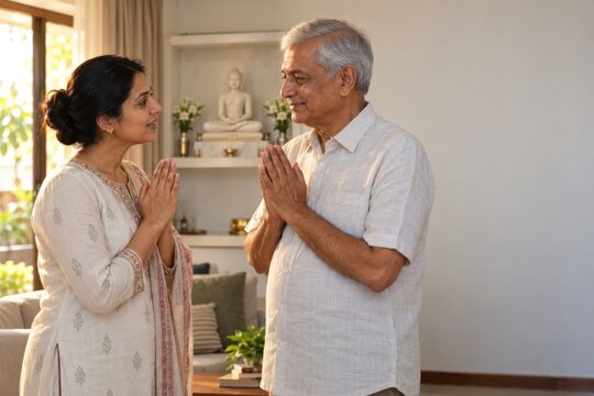 jain couple exchange a respectful namaste greeting in a bright home prayer space, with a seated spiritual statue behind them, showing faith, courtesy and peaceful daily devotion