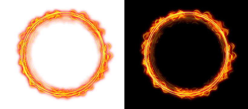 Luxury burning gold fire circle frame with radiant energy aura for isolated transparent background