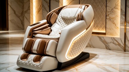 Fototapeta premium Luxury white, tan massage chair with quilted leather upholstery in elegant marble lounge. Modern recliner with glowing LED side panels sits on polished stone floor. High end spa equipment offers