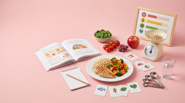 Flat Lay of Healthy Meal Planning with Balanced Diet Plate and Recipe Book