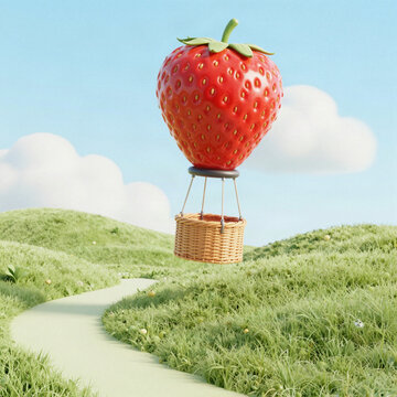 Strawberry hot air balloon floating over pastel hills