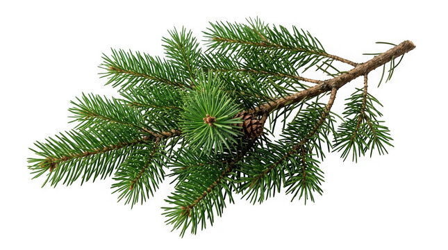 Green spruce branch with small pine cone isolated on transparent background