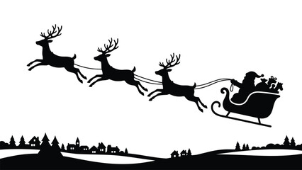 Black silhouette of santa claus flying in sleigh with reindeer © jexsiam