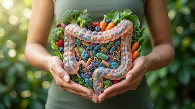 Intestine model held by human, illustrating beneficial gut flora, vibrant fresh produce, dietary fiber, promoting optimal digestive health, internal balance, vital human wellness.