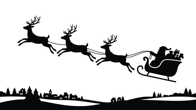 Black silhouette of santa claus flying in sleigh with reindeer
