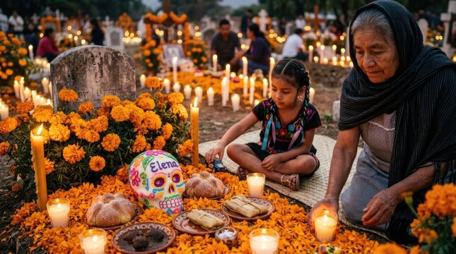 Mexican grandmother with granddaughter sitting near cemetery tombstone during Dia de los Muertos, placing candle, marigold flower, sugar skull on traditional family altar for All Souls' Day.