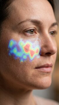Woman face showing advanced biometric cybersecurity scanning interface, holographic digital thermal heatmap projected on skin, verifying identity authenticity with modern recognition technology.