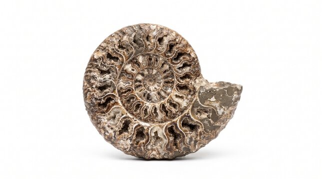 Fossilized ammonite shell isolated on white background, prehistoric petrified sea creature fossil, ancient spiral stone shell