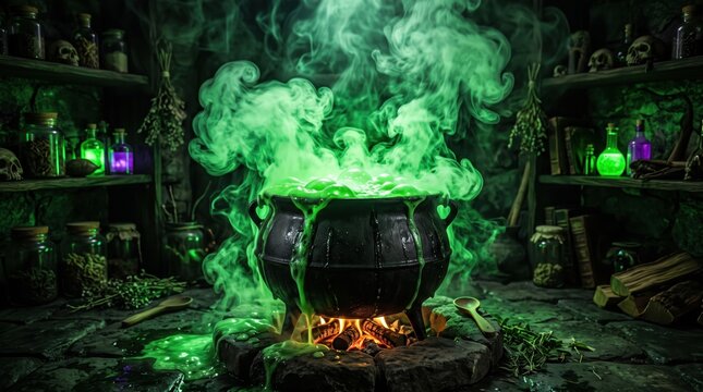 Witch cauldron bubbling with glowing green potion and smoke, mysterious magic pot over fire in dark laboratory, halloween sorcery background