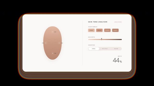 A premium beauty-tech UI animation that scans facial regions, extracts skin color samples, builds a refined skin-tone spectrum, analyzes undertone, and reveals a personalized skin tone match result.