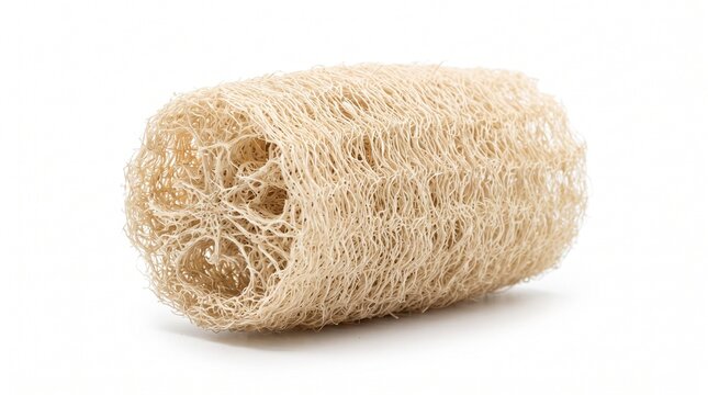 Natural loofah sponge on white background, eco friendly luffa body scrubber, organic textured fibrous bath accessory