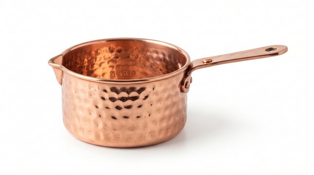 Vintage hammered copper sauce pot with handle, small copper pot isolated on white background, metallic kitchenware for cooking