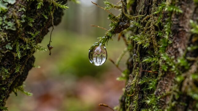 Macro photography of clear water drop resting on green moss