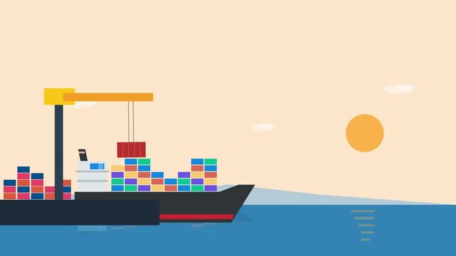 flat design cargo vessel with shipping containers and port crane animation