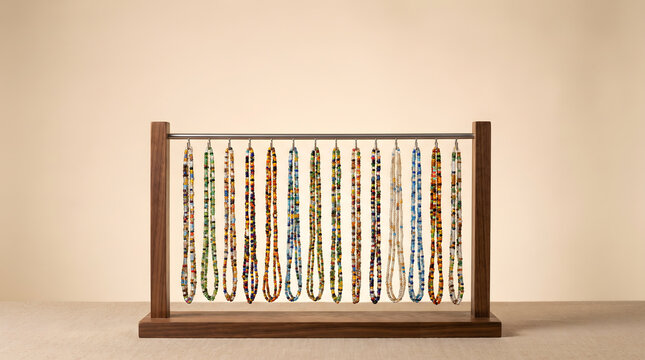 Stunning handcrafted african waist beads displayed on a wooden stand in various colors and vibrant patterns