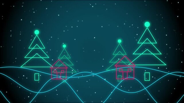 Abstract Christmas Trees Design, Neon Lines and Dots, Festive Winter Illustration
