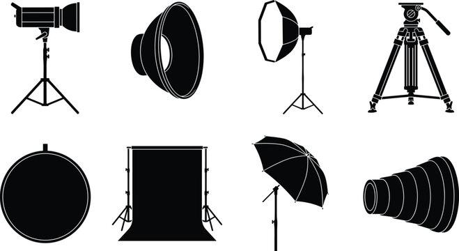 Photography Studio Lighting Equipment Icon Collection with Tripod Softbox Umbrella and Reflector Symbols for Photo Video Production Graphic Design Projects