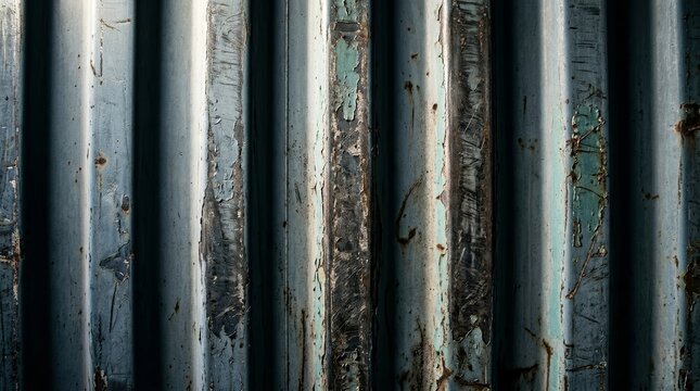 Close up of weathered corrugated steel wall. Rusty blue cargo container texture with peeling paint. Industrial grunge background