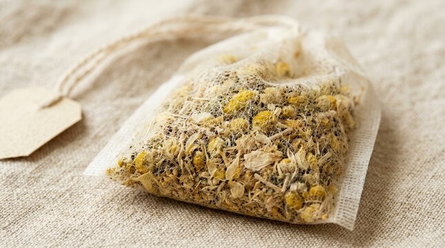 Close up of dried chamomile flowers in a tea bag. Herbal infusion on rustic linen fabric with blank tag. Natural wellness concept