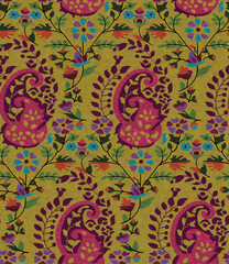 seamless floral pattern Art Beautiful seamless floral pattern featuring hand-painted flowers, ornamental paisley motifs, and decorative foliage in soft pastel and vibrant hues. The design combines pi  © Venkatsai