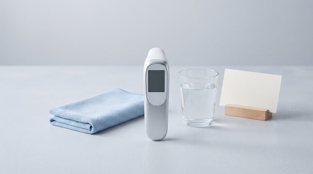 Digital thermometer with glass of water, cloth, and blank card on tabletop