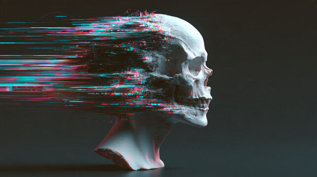 Pixel sorting glitch skull: white plaster skull in profile dissolving into horizontal RGB split streaks and chromatic aberration noise on a dark background with  digital decay concept