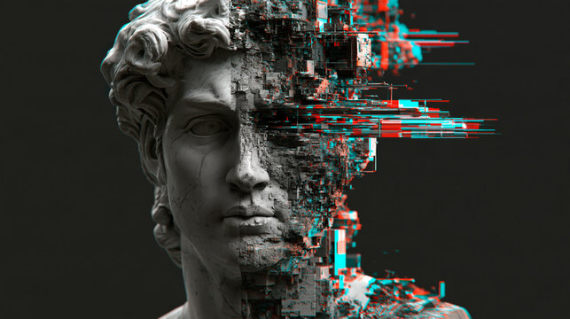 Glitch statue: classical marble head split down the middle, half smooth stone and half low resolution pixel blocks with RGB glitch noise, broken marble statue as digital identity art