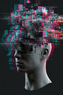 Digital identity distortion concept: grey mannequin head with the upper face exploding into floating pixel cubes, magenta and cyan glitch blocks, synthetic identity and data privacy poster