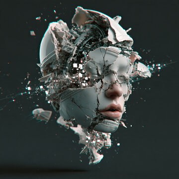 Cracked porcelain head breaking into pixel data fragments with chromatic aberration, surreal 3D glitch portrait about synthetic identity, memory loss and mind fragmentation on dark grey