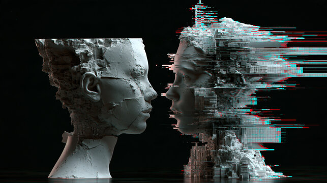 Synthetic identity concept: two plaster heads face to face, the right one a corrupted copy rebuilt from pixel sorting streaks and compression blocks, deepfake glitch art on black background