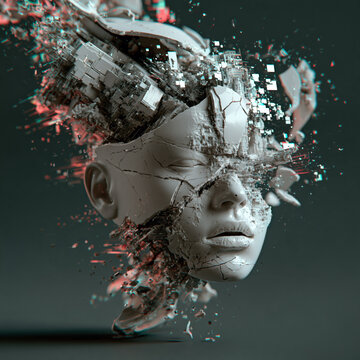 Shattered porcelain face exploding into fragments and floating pixel cubes, glitch sculpture of a fragile digital self, identity crisis and deepfake concept on a dark background with copy space