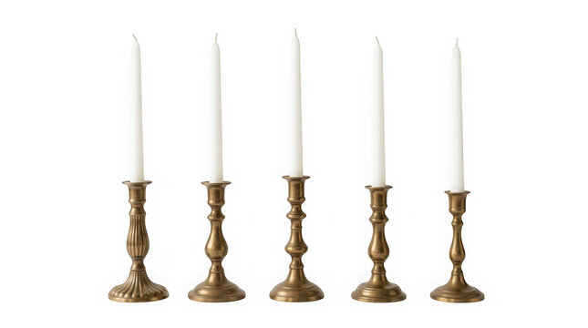 Five vintage brass candlesticks with white taper candles isolated on transparent background