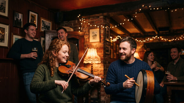 Irish musicians play traditional folk music in a cozy pub with friends enjoying the atmosphere and drinks