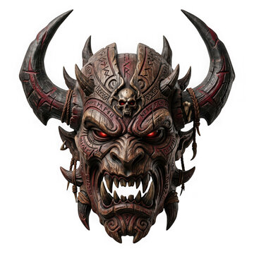 Fierce demonic wooden mask with glowing red eyes and tribal carvings isolated on transparent background