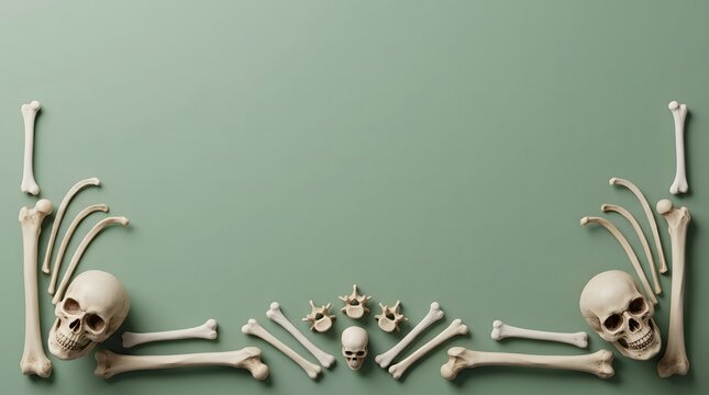 An artistic still life composition featuring human skeletal remains against a muted green backdrop evoking themes of mortality and remembrance